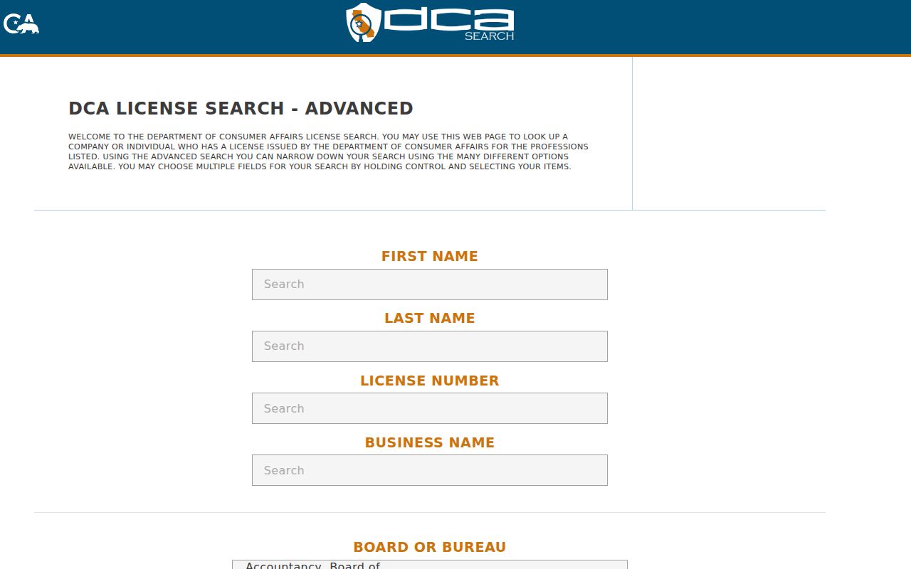 Orange people directories screenshot of California DCA advanced license search