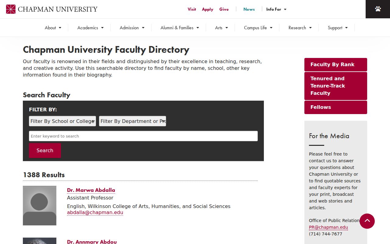 Orange people directories screenshot of Chapman University faculty filters