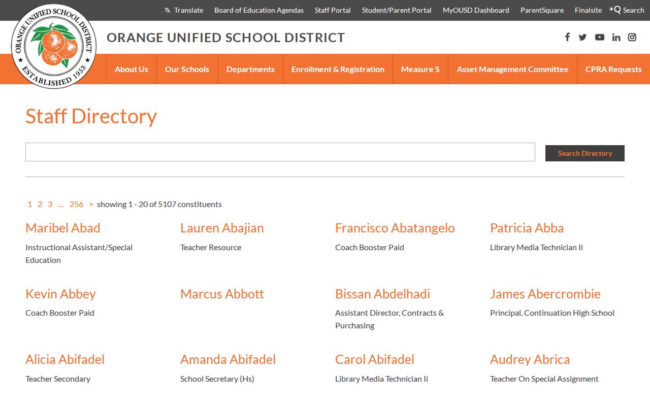 Orange people directories view of the Orange Unified staff keyword search