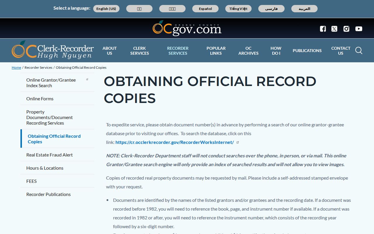 Orange public records official copy instructions from the County Clerk-Recorder